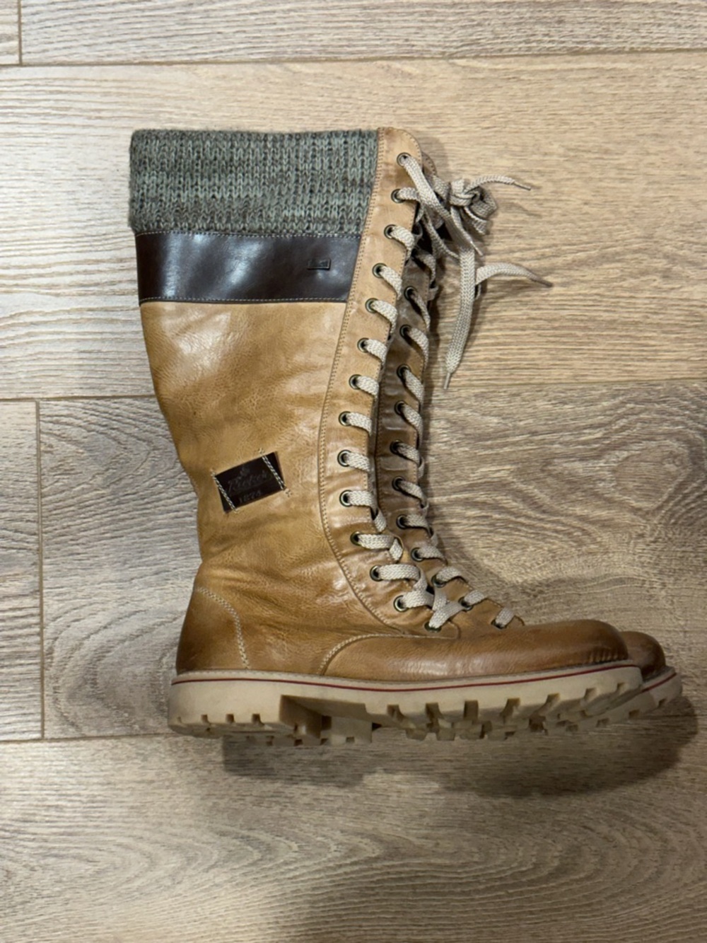 Rieker Tan Leather Lace-Up Shearling lined Tall Boot with grey Knit Cuff EU40